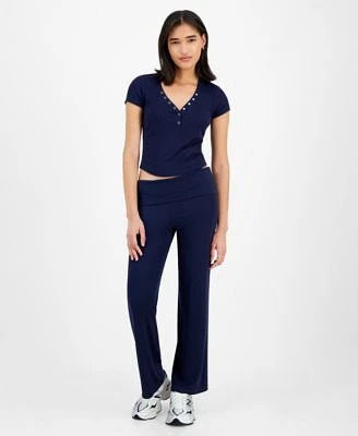 Ultra Flirt Juniors Ribbed Cropped Henley Top Flare Pants