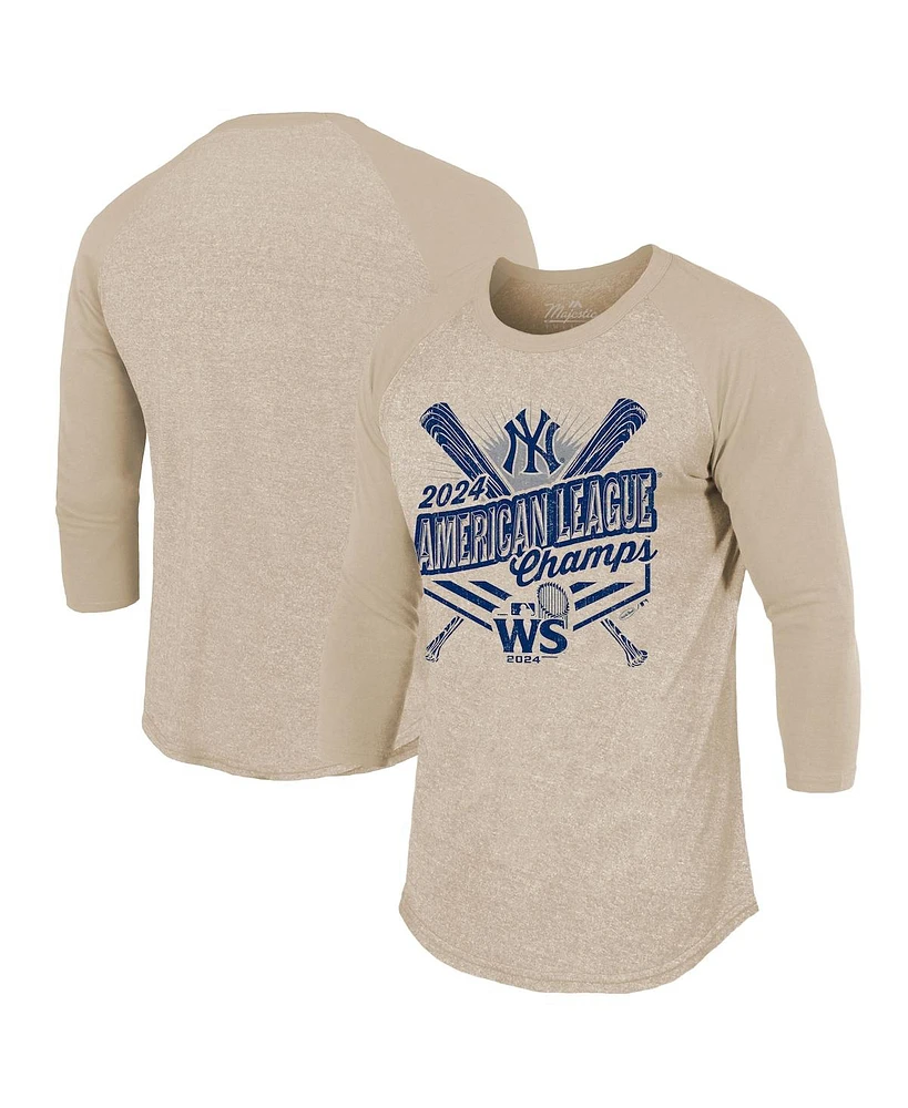 Majestic Men's Oatmeal New York Yankees 2024 American League Champions 3/4-sleeve Tri-blend Raglan T-shirt