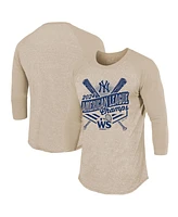 Majestic Men's Oatmeal New York Yankees 2024 American League Champions 3/4-sleeve Tri-blend Raglan T-shirt