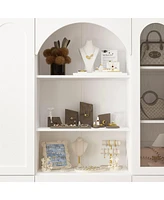 Famapy White Tall Storage Cabinet with Glass Doors & Arch Pattern, Modern Wooden Pantry with Cabinet Doors