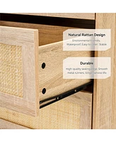 gaomon 6 Drawers Dresser for Bedroom, Natural Rattan Drawer with Spacious Storage, Wood Chest of Drawers with Metal Legs Black