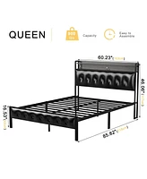 Hausource Queen Bed Frame with Storage Headboard & Charging Station Platform Bed No Box Spring Needed