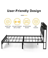 Hausource Full Size Bed Frame with Storage Headboard & Charging Station Platform Bed No Box Spring Needed