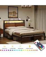 Hausource Queen/Full Size Bed Frame w/Storage Headboard Charging Station Led Light No Box Spring Needed