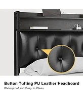Hausource King/Twin Size Bed Frame with Storage Headboard & Charging Station Upholstered Platform Bed