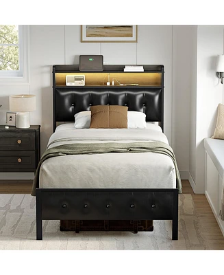 Hausource King/Twin Size Bed Frame with Storage Headboard & Charging Station Upholstered Platform Bed, Twin