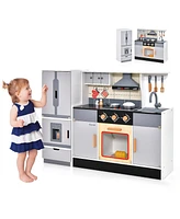 Gymax Kids Wooden Pretend Play Kitchen Toddlers Toy with Refrigerator & Accessories