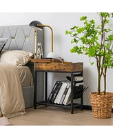 Gymax 2PCS End Table Charging Station Industrial Nightstand Flip Top Side Pocket Usb