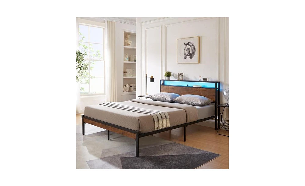 Slickblue Metal Platform Bed Frame with Wooden Headboard & Footboard and Usb Charger Sturdy & Stylish