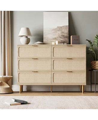 gaomon Rattan 6 Drawer Dresser for Bedroom, Large Double Dresser with Deep Drawers, Chest of Drawers