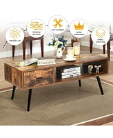 Gymax Retro Coffee Table Mid Century Modern Living Room Furniture w/Open Storage Shelf