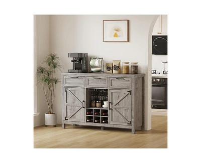 gaomon Wine Bar Cabinet, Coffee Bar Cabinet with Wine Rack & Glass Holder, Farmhouse Sideboard Buffet Cabinet with 3 Drawers & 2 Barn Doors