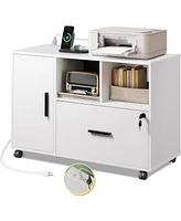 Devaise File Cabinet with Charging Station, 1 Drawer Rolling File Cabinet, Locking Filing Cabinet for Home Office, Printer Stand with Storage, White