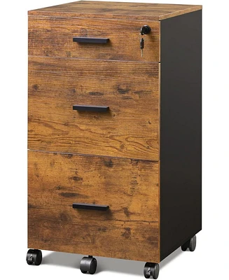 Galaxhero 3 Drawer Rolling File Cabinet with Lock, Wood Filing Cabinet fits Letter / A4 Size for Home Office, Rustic Brown