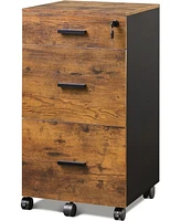 Galaxhero 3 Drawer Rolling File Cabinet with Lock, Wood Filing Cabinet fits Letter / A4 Size for Home Office, Rustic Brown