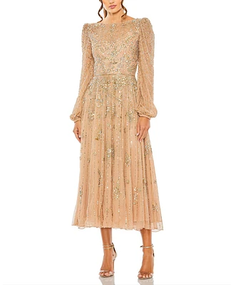 Mac Duggal Women's Floral Embellished High Neck Puff Long Sleeve A Line Midi Dress