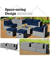 Sugift 8 Pieces Patio Rattan Furniture Set with Storage Waterproof Cover and Cushion-Navy