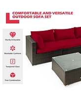 Sugift 5 Pieces Cushioned Patio Rattan Furniture Set with Glass Table-Red