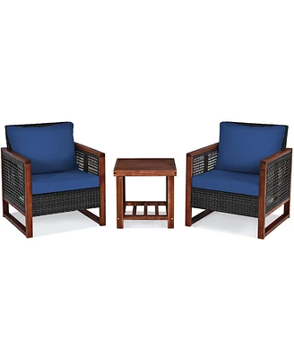 Sugift 3 Pieces Patio Wicker Furniture Set with Acacia Wood Coffee Table and Washable Cushion-Navy