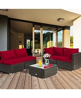 Sugift 5 Pieces Cushioned Patio Rattan Furniture Set with Glass Table-Red