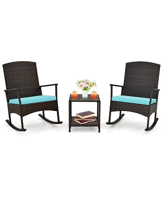 Sugift 3 Piece Patio Rocking Set Wicker Rocking Chairs with 2-Tier Coffee Table