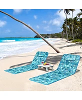 Sugift 3 Pieces Beach Lounge Chair Mat Set 2 Adjustable Lounge Chairs with Table Stripe-Green