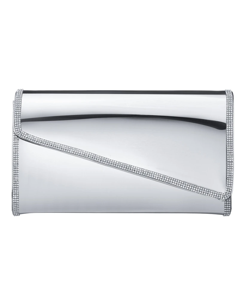 Nina Asymmetrical Flap Crystal Trim Mirror Metallic Clutch