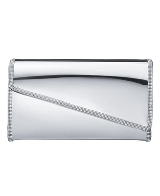 Nina Asymmetrical Flap Crystal Trim Mirror Metallic Clutch