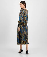 T Tahari Women's Printed Long-Sleeve Fit & Flare Dress