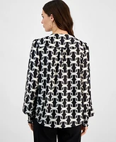 T Tahari Women's Printed Long-Sleeve Satin Split-Neck Top