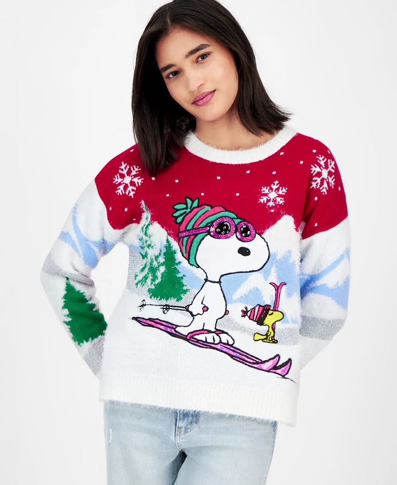 Hooked Up by Iot Juniors' Snoopy and Woodstock Skiing Christmas Sweater