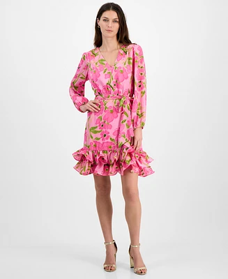 Taylor Petite Floral-Print Double-Flounce V-Neck Dress