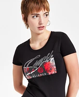 Guess Women's Rose Graphic Rhinestone Crewneck Tee