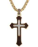 Esquire Men's Jewelry Diamond & Brown Carbon Fiber Cross Pendant Necklace (1/10 ct. t.w.) in Gold-Tone Ion-Plated Stainless Steel, 22"