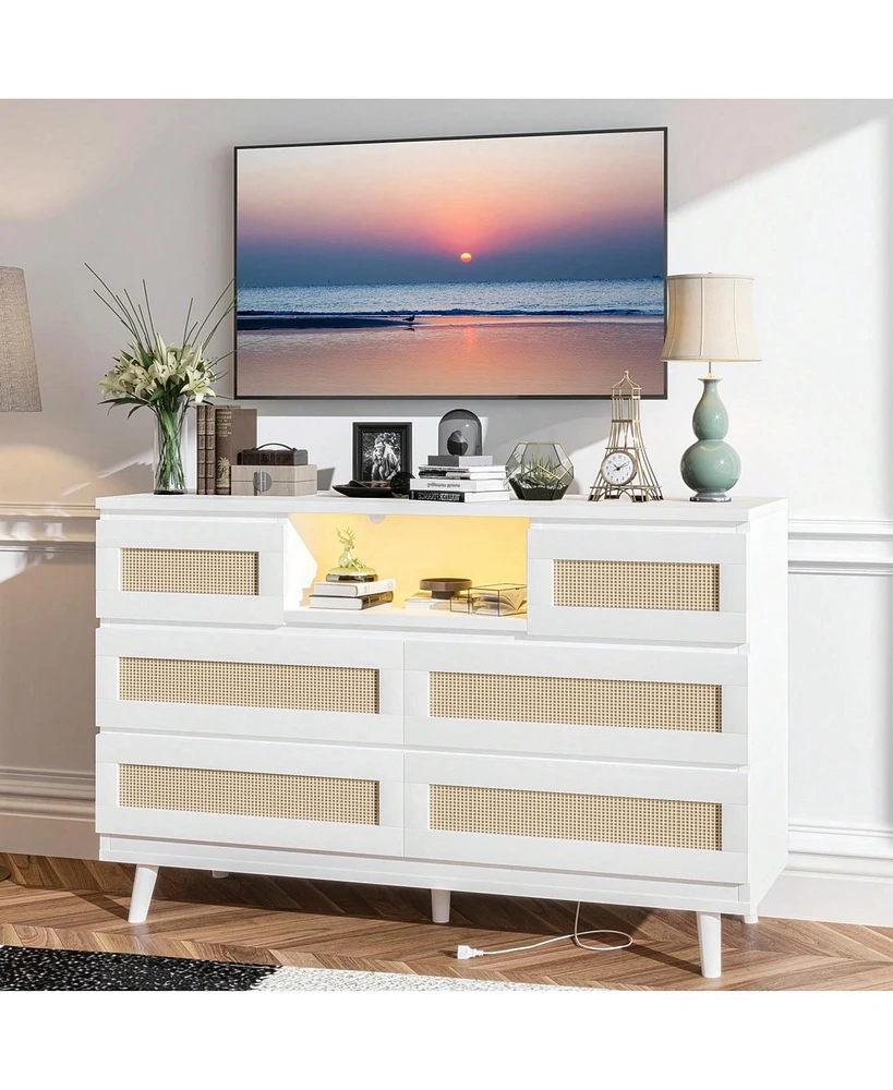 gaomon Natural Rattan Dresser For Bedroom With Led Light And Charging Station, 6 Drawer Double Dressers, Modern Wooden Dresser Chest, Beside Table For