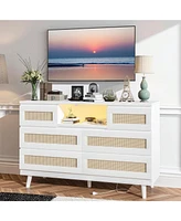 gaomon Natural Rattan Dresser For Bedroom With Led Light And Charging Station, 6 Drawer Double Dressers, Modern Wooden Dresser Chest, Beside Table For