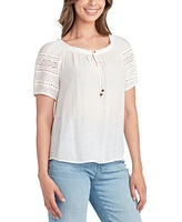 Bcx Juniors' Scoop-Neck Lace-Trim Puffed-Sleeve Top