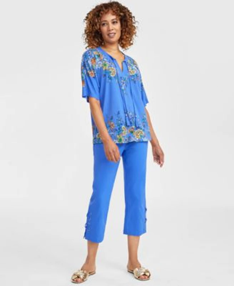 Jm Collection Womens Printed Tassel Top Side Lace Up Capri Pants Exclusively At Macys