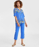 Jm Collection Womens Printed Tassel Top Side Lace Up Capri Pants Exclusively At Macys