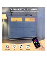 gaomon Dresser For Bedroom With Led Lights And Charging Station, 6 Drawer Double Dresser With 2 Shelves, Wide Modern Wooden Chest Of Drawers For Bedro