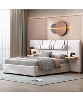 Slickblue Queen Size Upholstered Platform Bed with Dual Outlets and Usb Charging Ports on Each Side