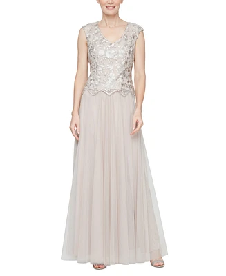 Alex Evenings Women's Embroidered Cap-Sleeve Tulle Gown