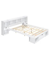 Slickblue Queen Size Wood Platform Bed with Multi-Storage Headboard and Built-In Drawer