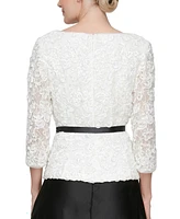 Alex Evenings Women's 3Square Neck Soutache Lace Belted Blouse