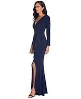 Betsy & Adam Women's Long-Sleeve Cascading-Ruffle Gown