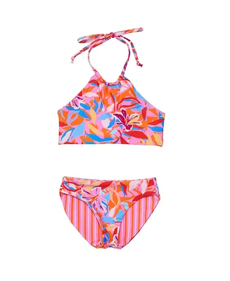 Snapper Rock Big Girls Blooming Sunset Sustainable Reversible Halter Bikini