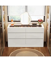 Tribesigns 6 Drawer Dresser with Jewelry Display Storage, Modern White 55" Chest of Dresser with Glass Top, Wood Double Dresser Storage Organizer for