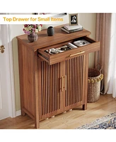 Tribesigns Shoe Cabinet, 5-Tier Storage Cabinet with Louvered Doors and Drawer, Freestanding Wooden Rack Organizer Adjustable Shelves f
