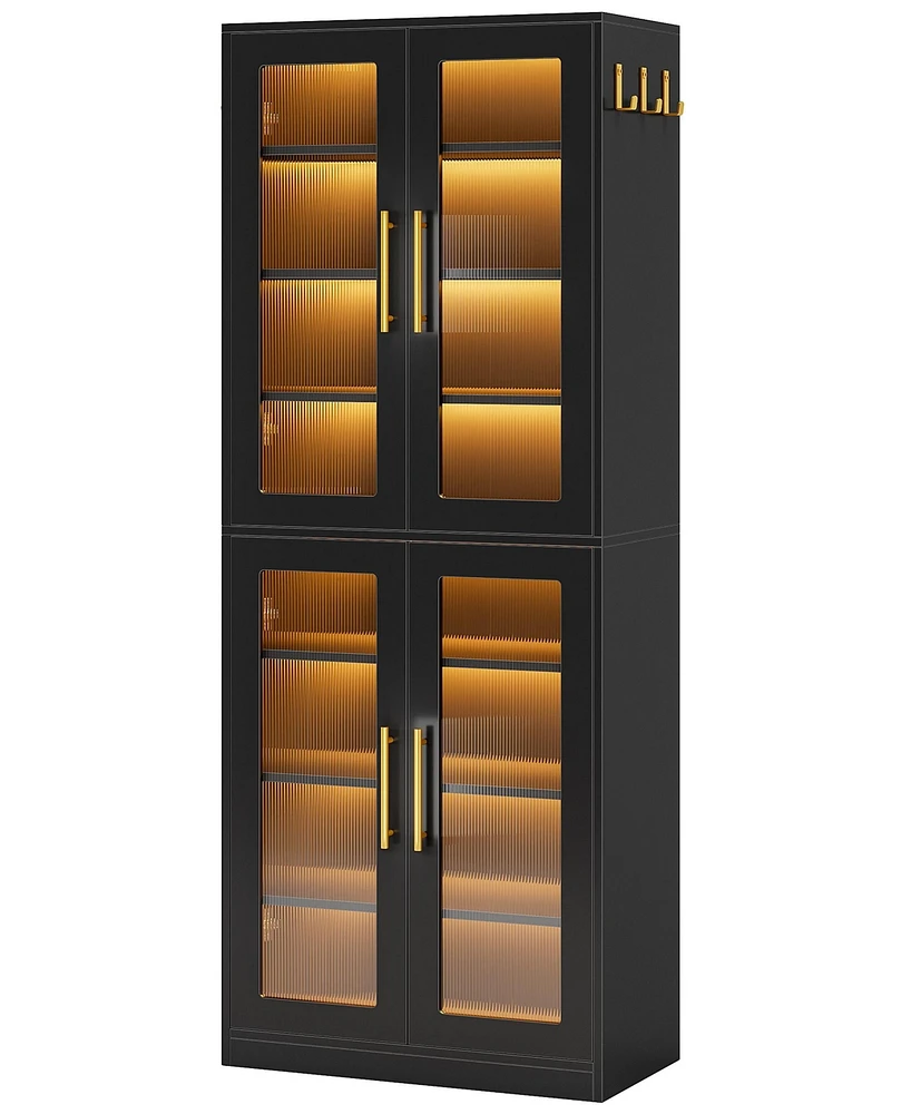 Tribesigns Tall Shoe Cabinet with Acrylic Doors and Led Lights, 8-Tier Entryway Storage Rack Adjustable Shelves Hanging Hooks for Narrow