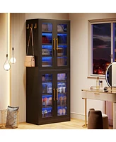 Tribesigns Tall Shoe Cabinet with Acrylic Doors and Led Lights, 8-Tier Entryway Storage Rack Adjustable Shelves Hanging Hooks for Narrow